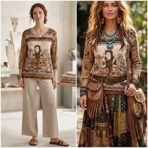 CHICO'S Design Stretchy Blouse Top Tunic Ethnic Indian Print Folklore Boho M/L